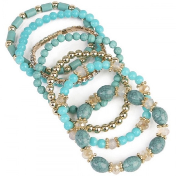 Last ONE! Vibrant Boho Style Turquoise/Gold Toned Stretchy Stacking Bracelets - Picture 2 of 4